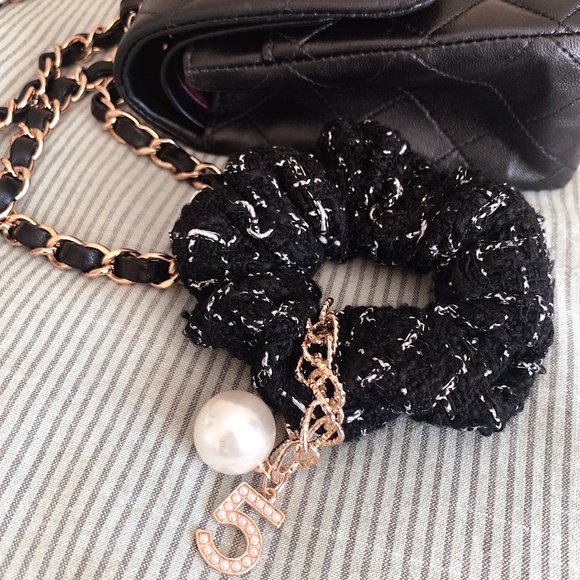 BLACK or WHITE CHANEL Hand Crafted Tweed Pearl No.5 Scrunchie Hair Tie